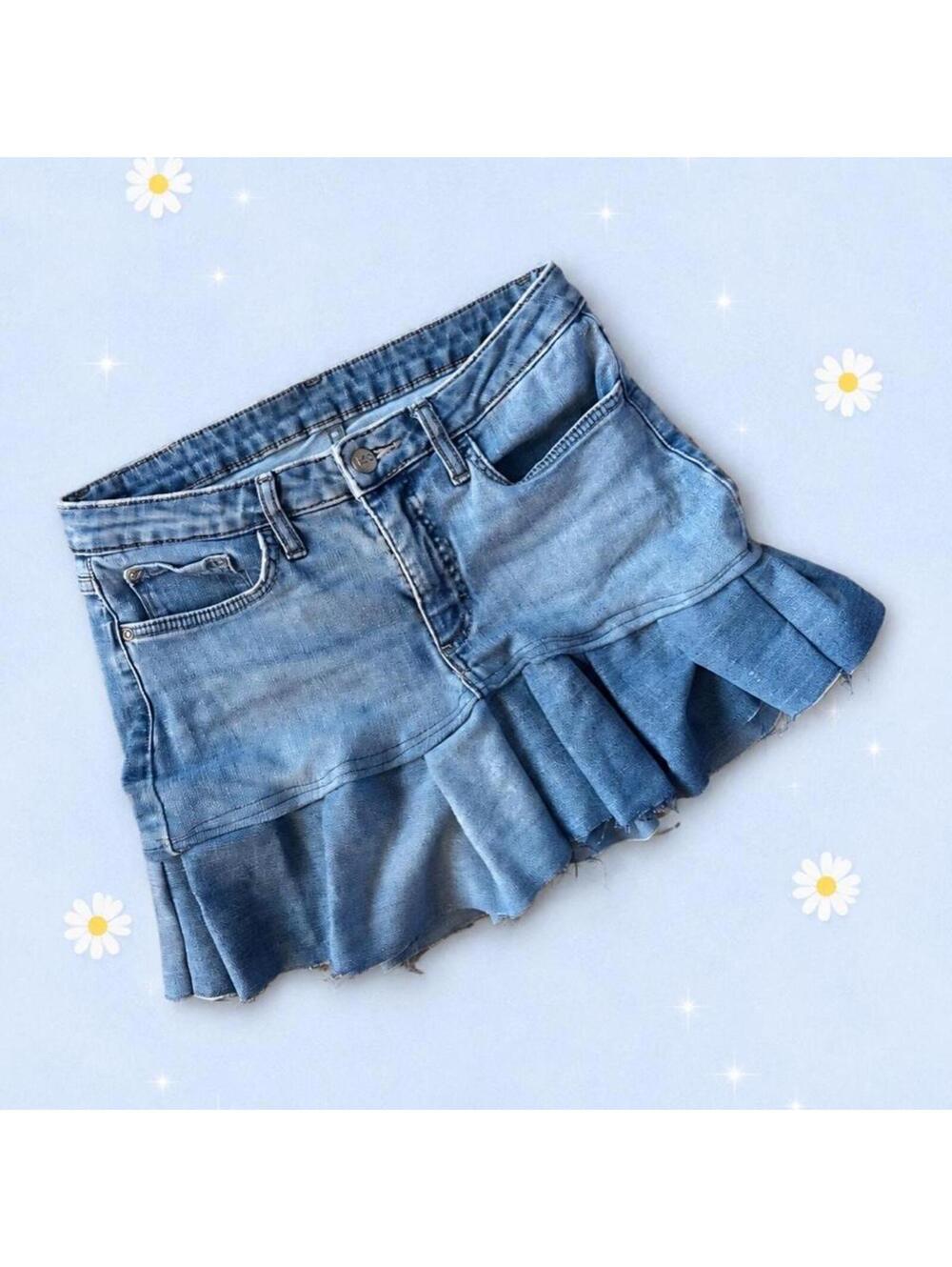vintage y2k coquette fairycore low rise ruffle denim mini skirt size medium 💙